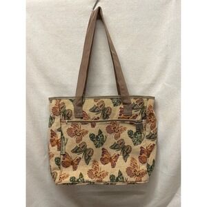 Vintage J Garden Butterfly Tapestry Tote Bag Beige Earth Tones Shoulder Bag
